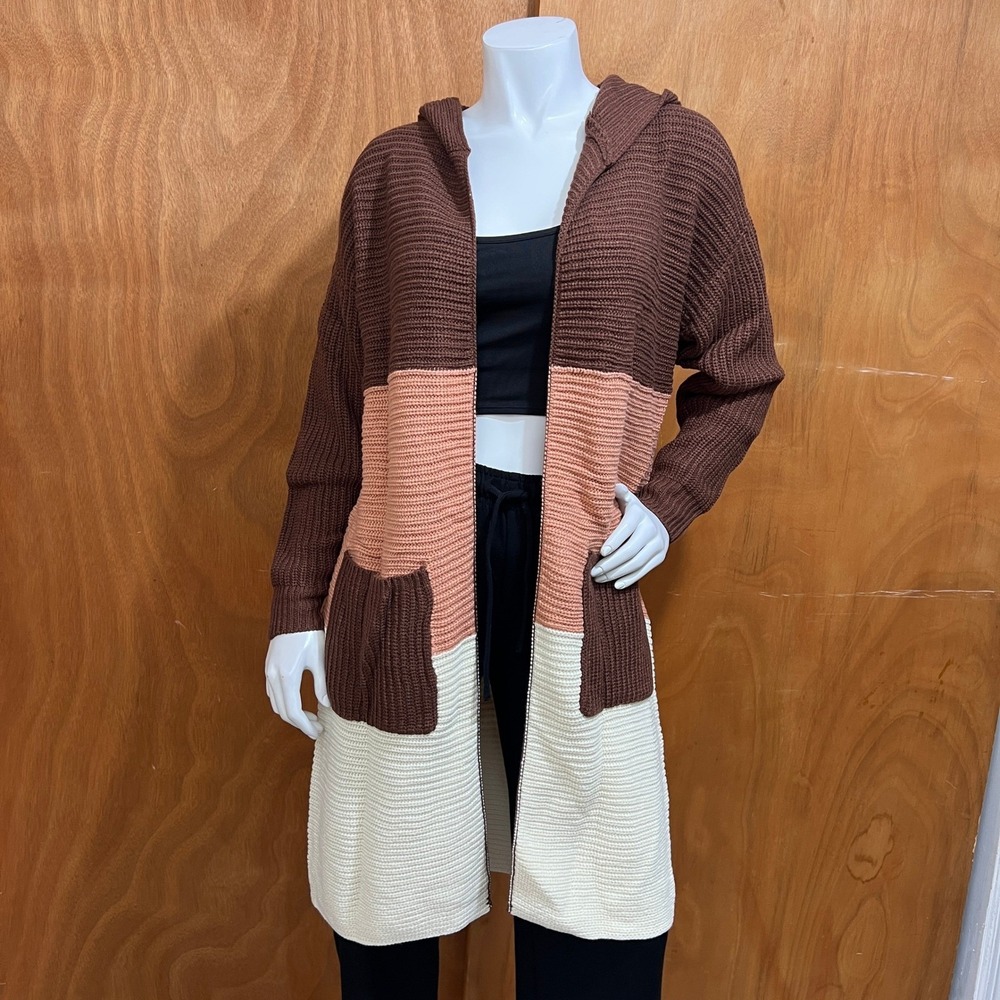 Color Block Hooded Duster Cardigan Sweater Womens XLarge Brown Peach Cream Knit